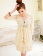 Korean version of the waist lace dress V-neck feathers