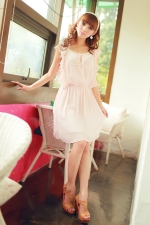 sweet ladies flounced chiffon dress solid string of pearls