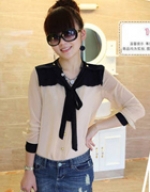 ribbon splicing Autumn Chiffon temperament chiffon shirt round neck long-sleeved T-shirt