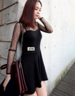Korean Perspective dot wave sexy long-sleeved dress self splicing point
