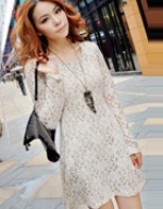 Korean wild temperament ladies round neck long-sleeved waist lace dress