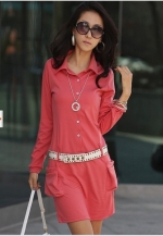 Long-sleeved button-lapel pocket casual dress - with Belt