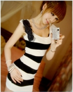 White Silk Cotton Stripe black dress