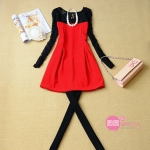 The new Korean Women autumn and winter long-sleeved red lace stitching cultivating temperament rendering dress skirt dress