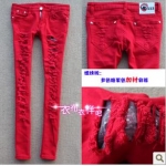 2011 Slim candy color color pencil pants tight hole feet thick jeans trousers pants color Korean woman