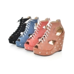 string crossed and rivet embellished high wedge